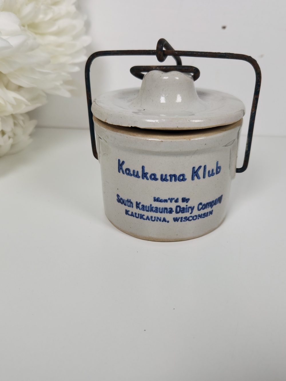 Small Vintage Kaukauna Klub Crock w/ Bail Closure Lid | Wisconsin Butter/Cheese